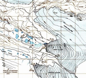 Illustration map of Glaciers. The name of Carstensz Pyramid is readable – Puncak Jaya Kesuma